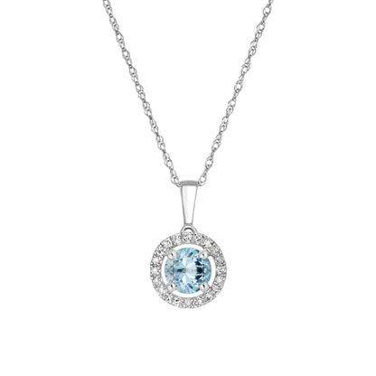 14 Karat White Gold March Birthstone Round Aquamarine & Diamond Halo Pendant Necklace - WeilJewelry
