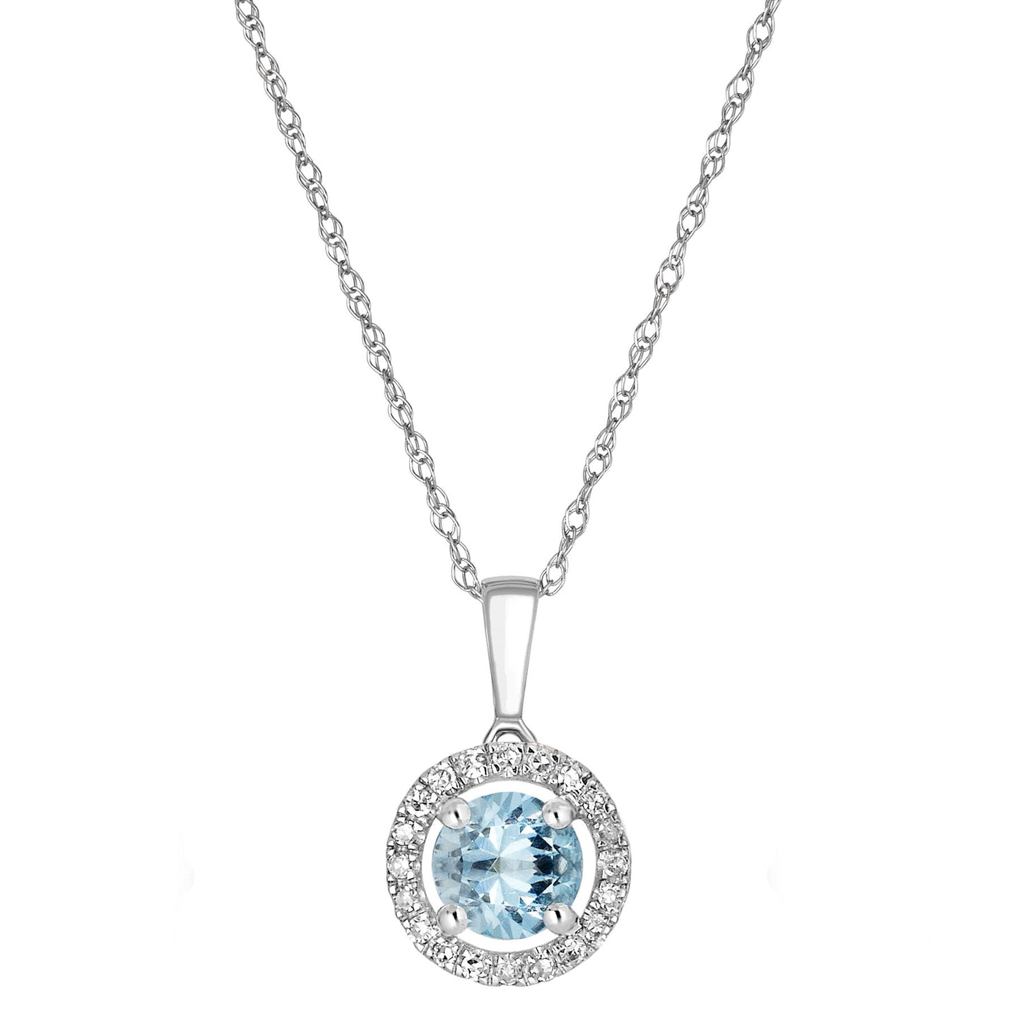 14 Karat White Gold March Birthstone Round Aquamarine & Diamond Halo Pendant Necklace - WeilJewelry
