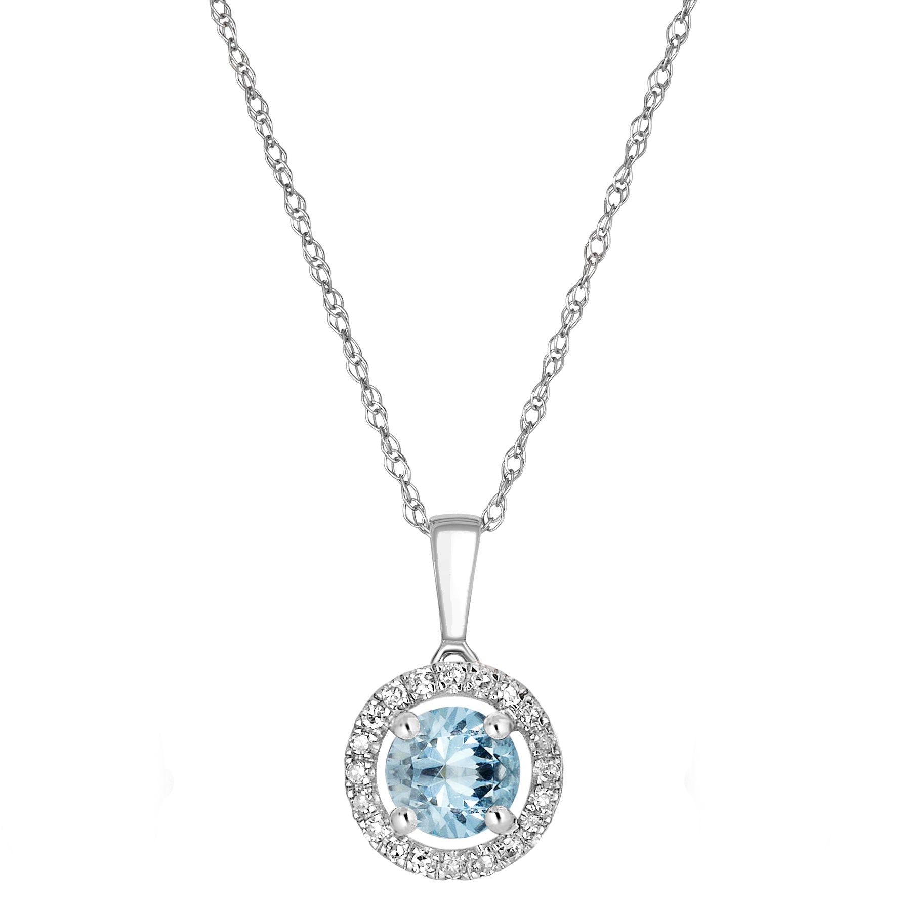 14 Karat White Gold March Birthstone Round Aquamarine & Diamond Halo Pendant Necklace - WeilJewelry