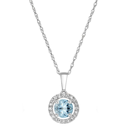 14 Karat White Gold March Birthstone Round Aquamarine & Diamond Halo Pendant Necklace - WeilJewelry