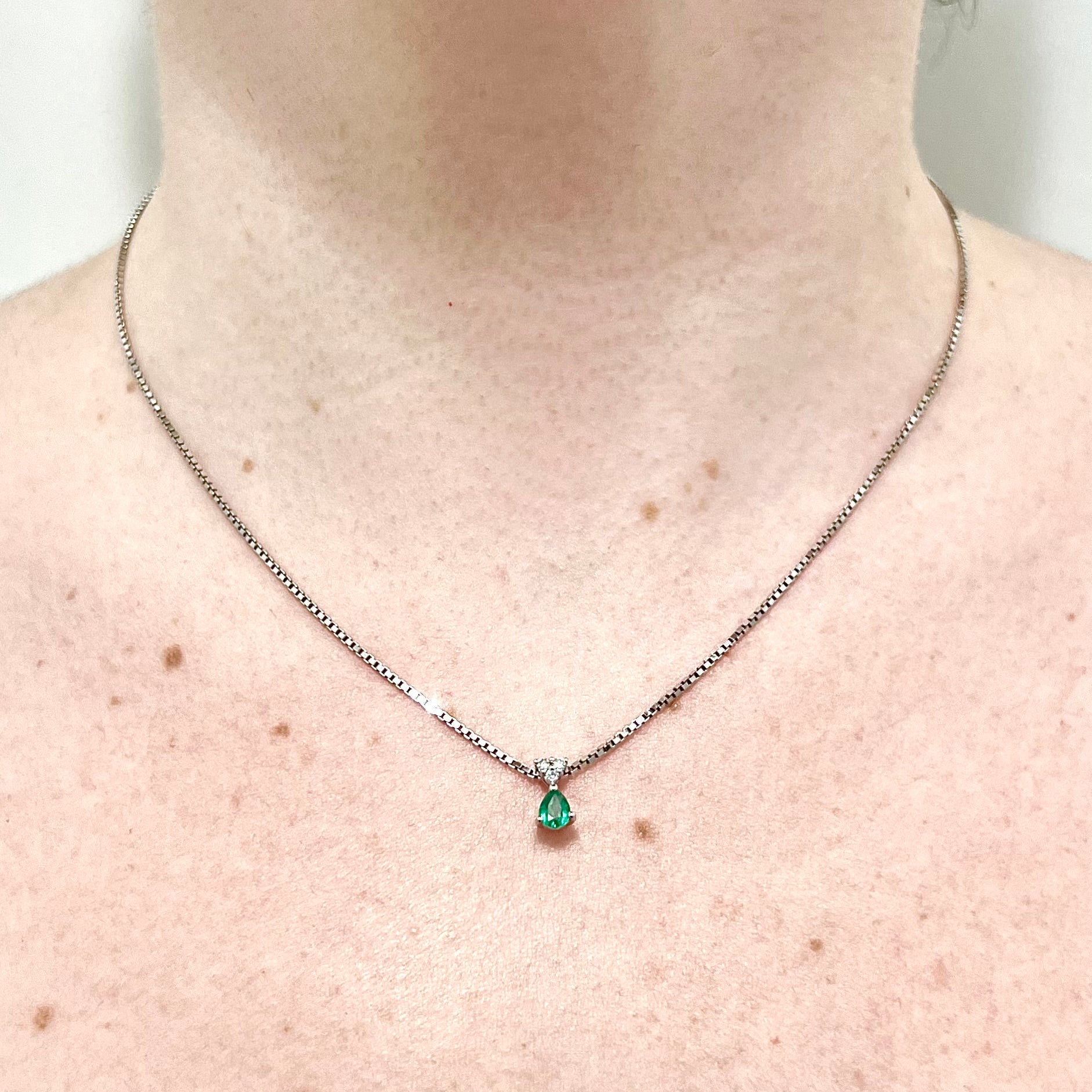 14 Karat White Gold Natural Diamond & Pear Emerald Pendant Necklace - WeilJewelry