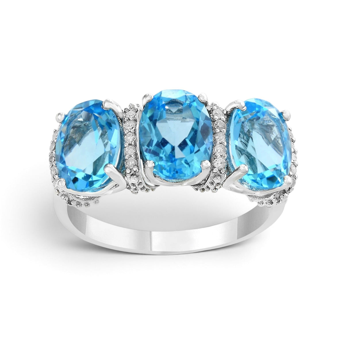 14 Karat White Gold Oval Swiss Blue Topaz & Diamond Three-Stone Ring - WeilJewelry