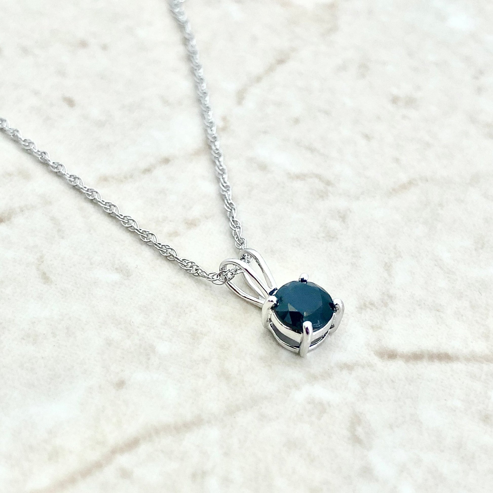 14 Karat White Gold September Birthstone Natural Round Blue Sapphire Solitaire Pendant Necklace - WeilJewelry