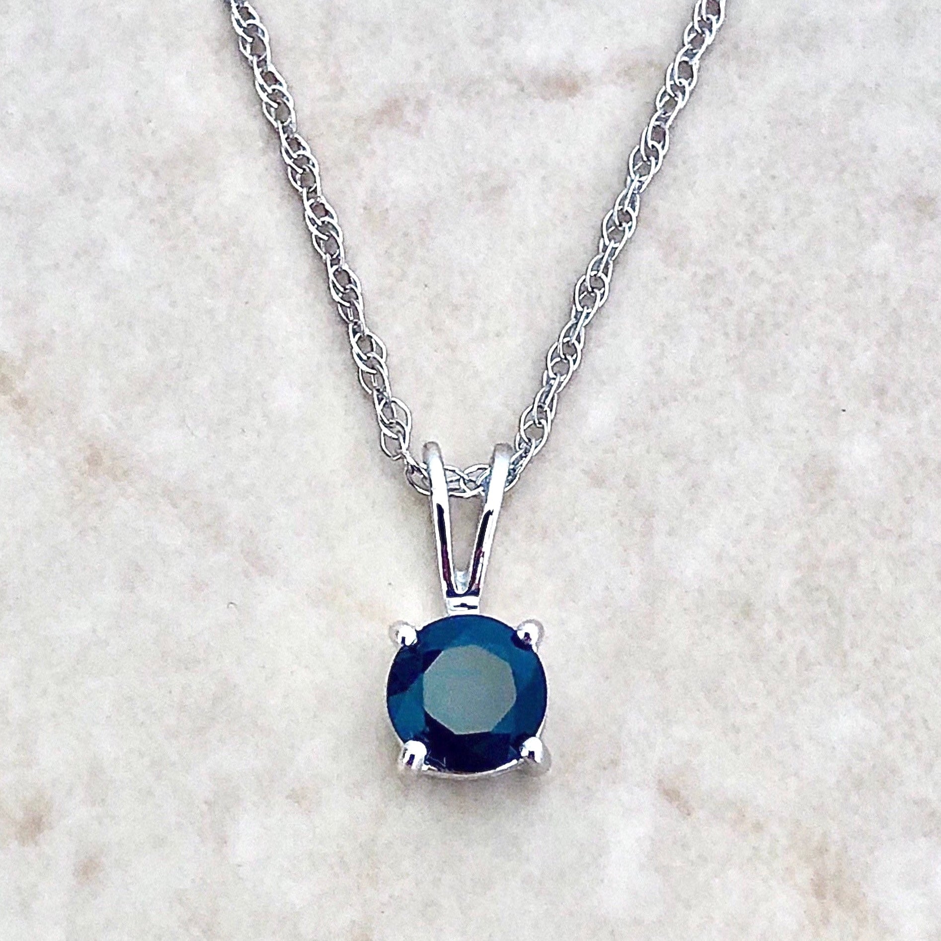 14 Karat White Gold September Birthstone Natural Round Blue Sapphire Solitaire Pendant Necklace - WeilJewelry