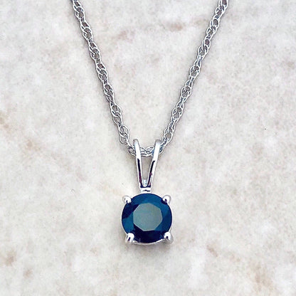 14 Karat White Gold September Birthstone Natural Round Blue Sapphire Solitaire Pendant Necklace - WeilJewelry