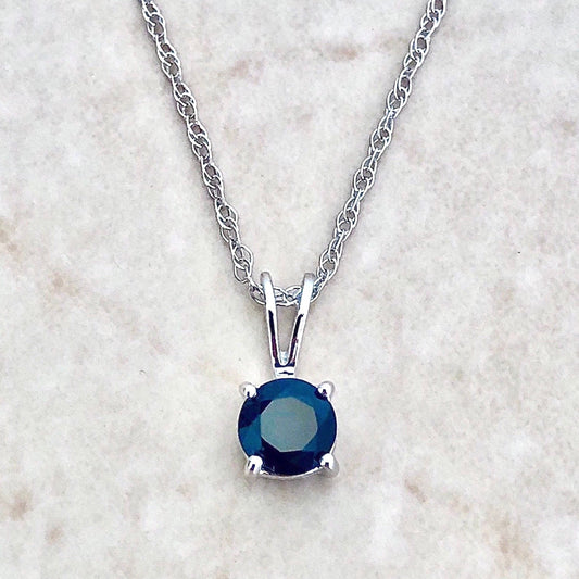 14 Karat White Gold September Birthstone Natural Round Blue Sapphire Solitaire Pendant Necklace - WeilJewelry