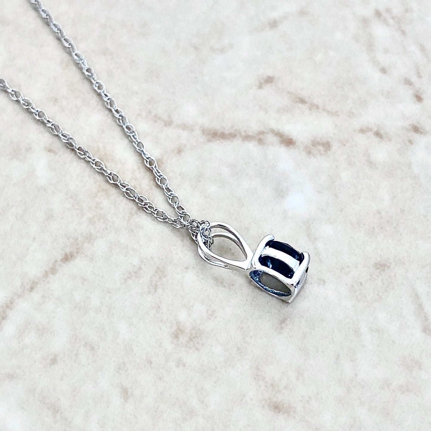 14 Karat White Gold September Birthstone Natural Round Blue Sapphire Solitaire Pendant Necklace - WeilJewelry