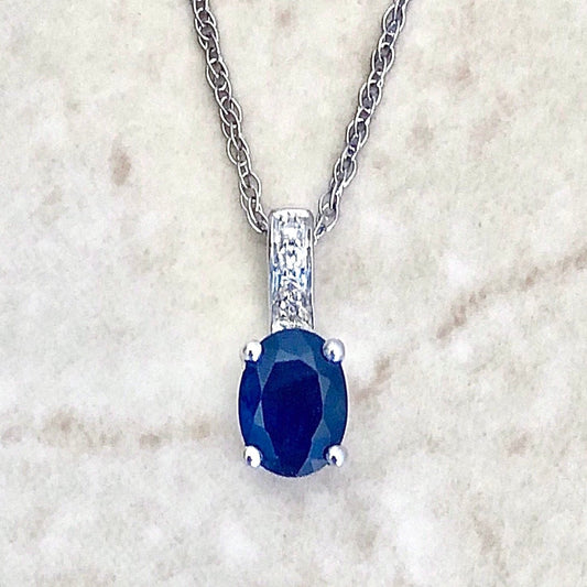 14 Karat White Gold September Birthstone Oval Blue Sapphire & Diamond Pendant Necklace - WeilJewelry