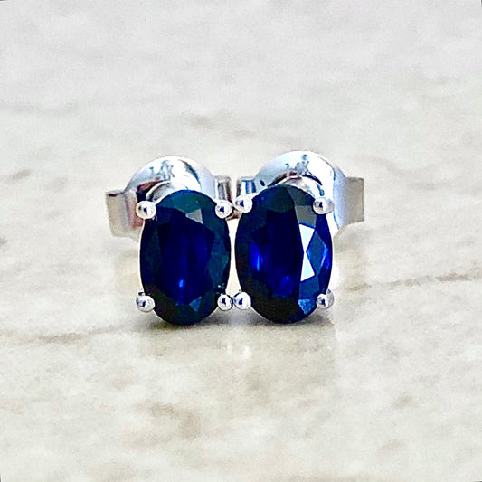 14 Karat White Gold September Birthstone Oval Blue Sapphire Stud Earrings - WeilJewelry