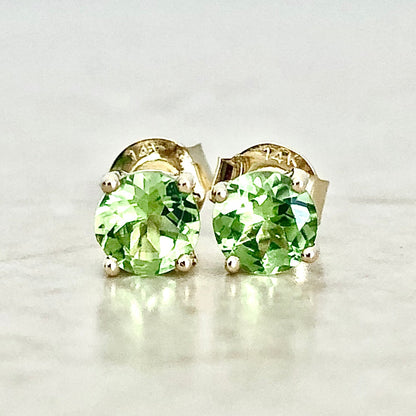 14 Karat Yellow Gold August Birthstone Natural Round Peridot Stud Earrings - WeilJewelry