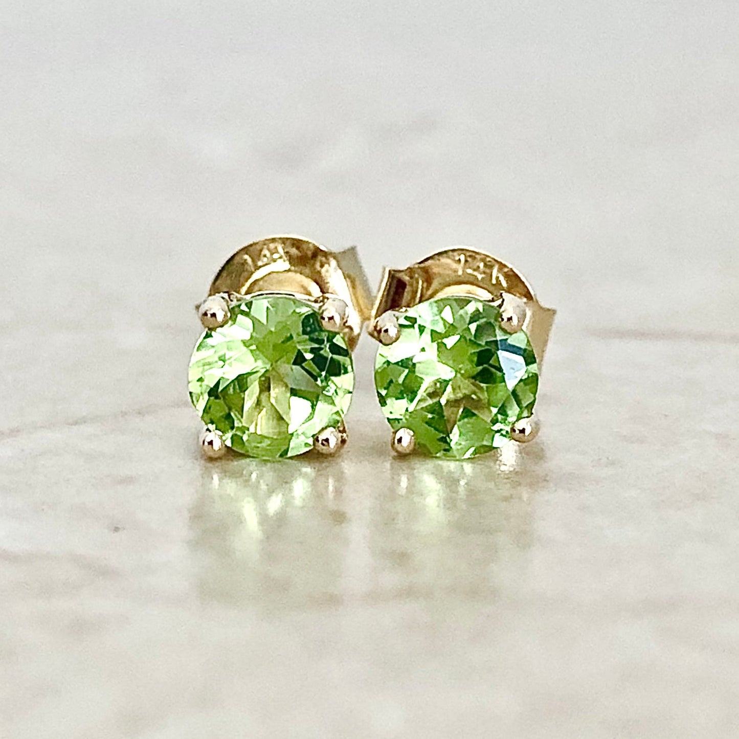 14 Karat Yellow Gold August Birthstone Natural Round Peridot Stud Earrings - WeilJewelry