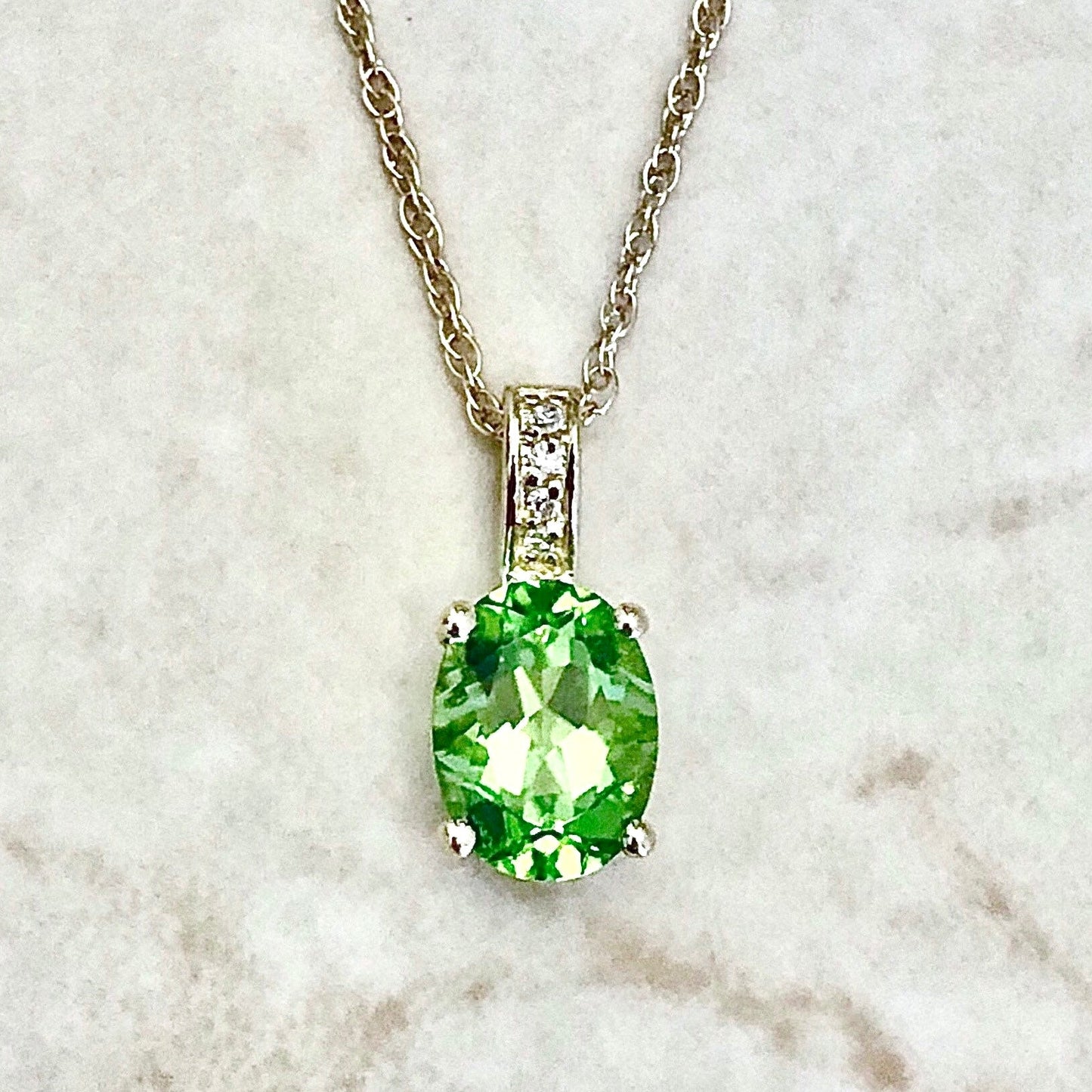 14 Karat Yellow Gold August Birthstone Oval Peridot & Diamond Pendant Necklace - WeilJewelry