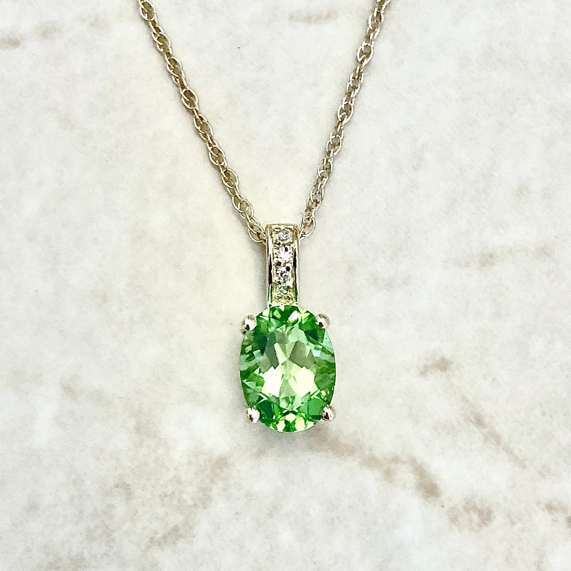 14 Karat Yellow Gold August Birthstone Oval Peridot & Diamond Pendant Necklace - WeilJewelry