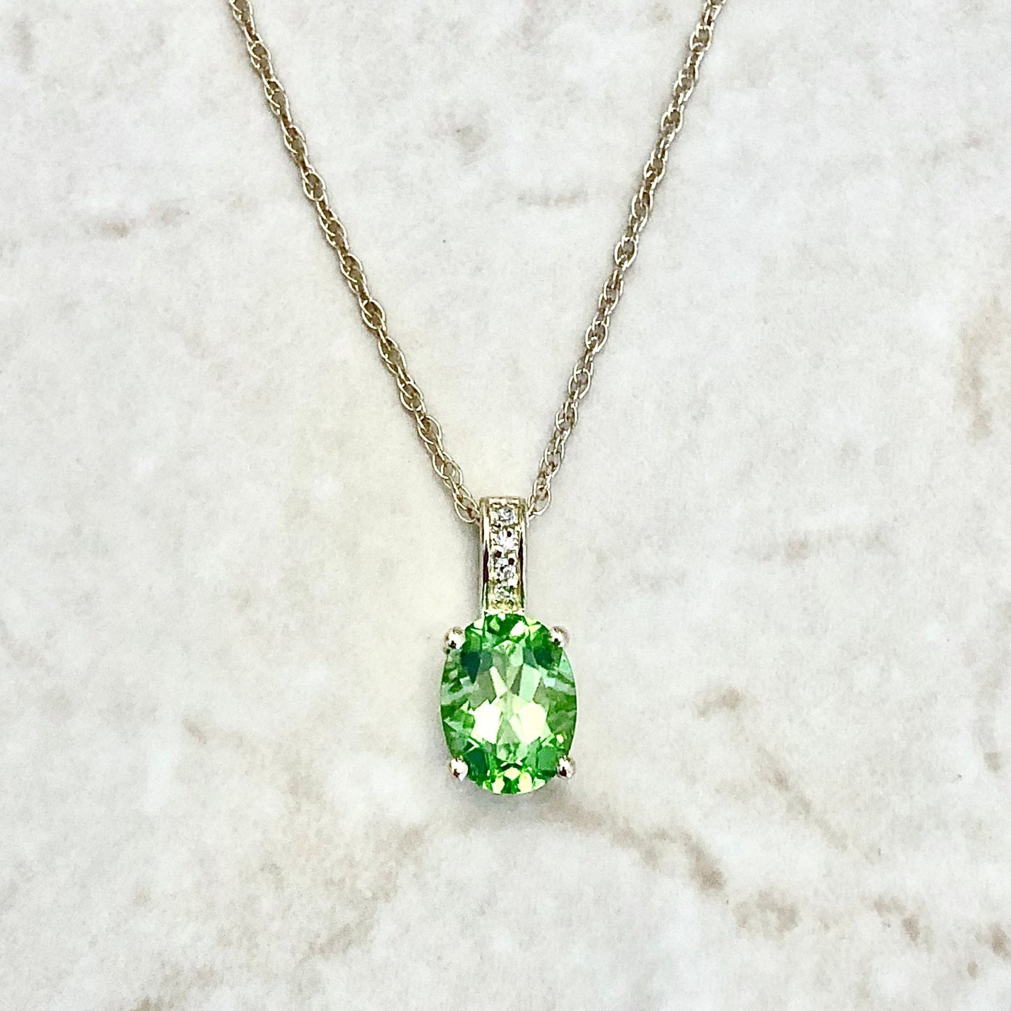 14 Karat Yellow Gold August Birthstone Oval Peridot & Diamond Pendant Necklace - WeilJewelry