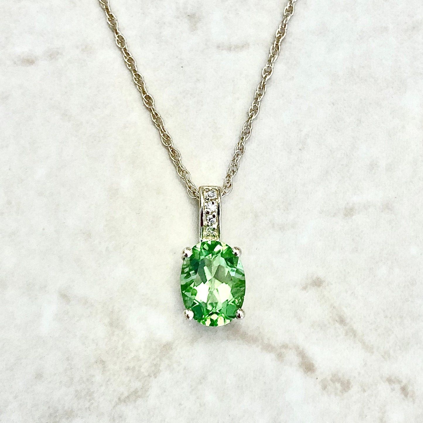 14 Karat Yellow Gold August Birthstone Oval Peridot & Diamond Pendant Necklace - WeilJewelry