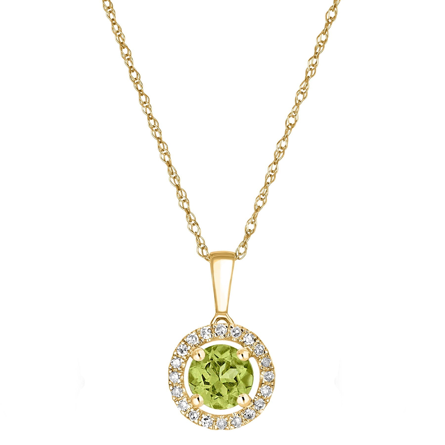 14 Karat Yellow Gold August Birthstone Round Peridot & Diamond Halo Pendant Necklace - WeilJewelry