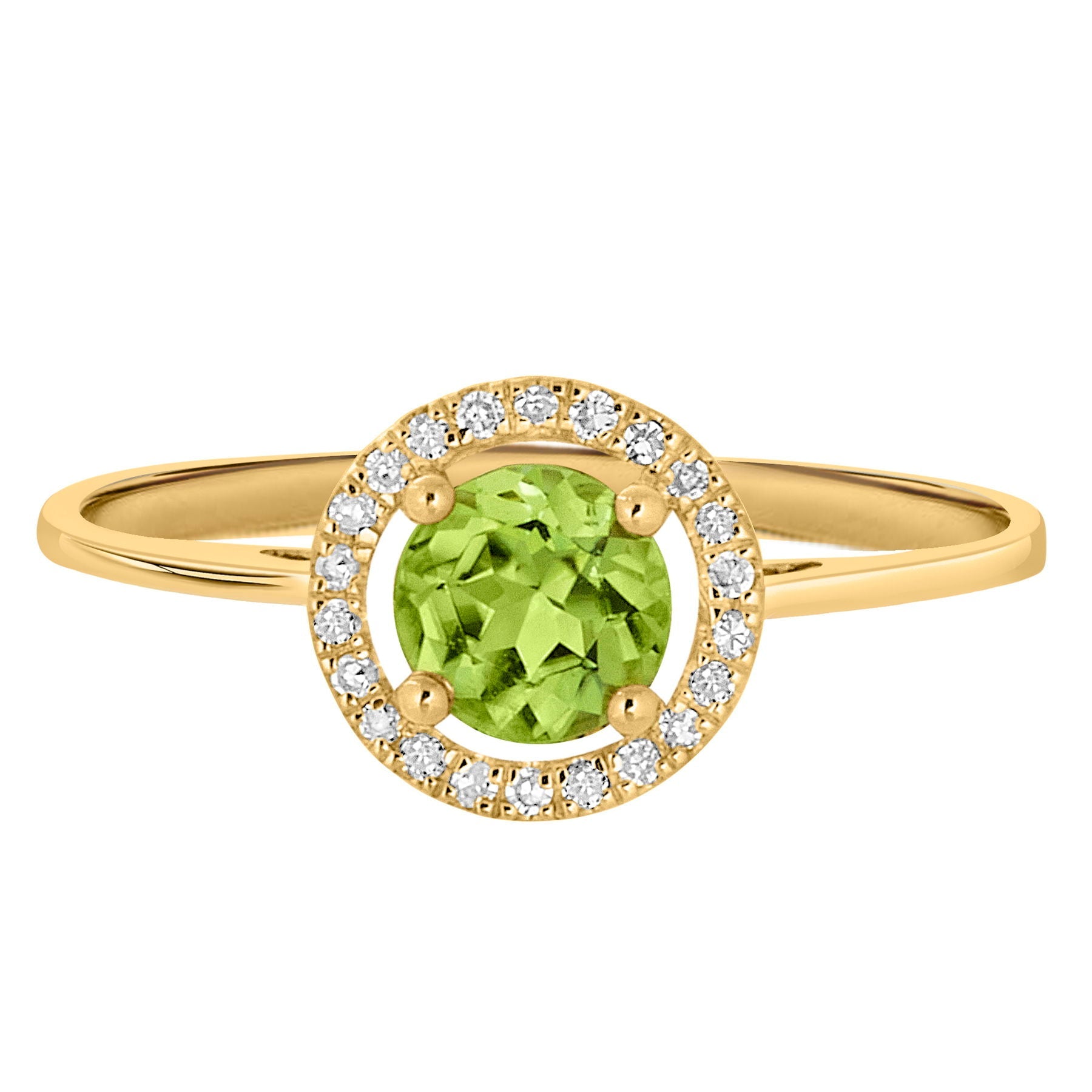 14 Karat Yellow Gold August Birthstone Round Peridot & Diamond Halo Ring - WeilJewelry