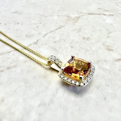 14 Karat Yellow Gold Birthstone Citrine & Diamond Halo Pendant Necklace - WeilJewelry