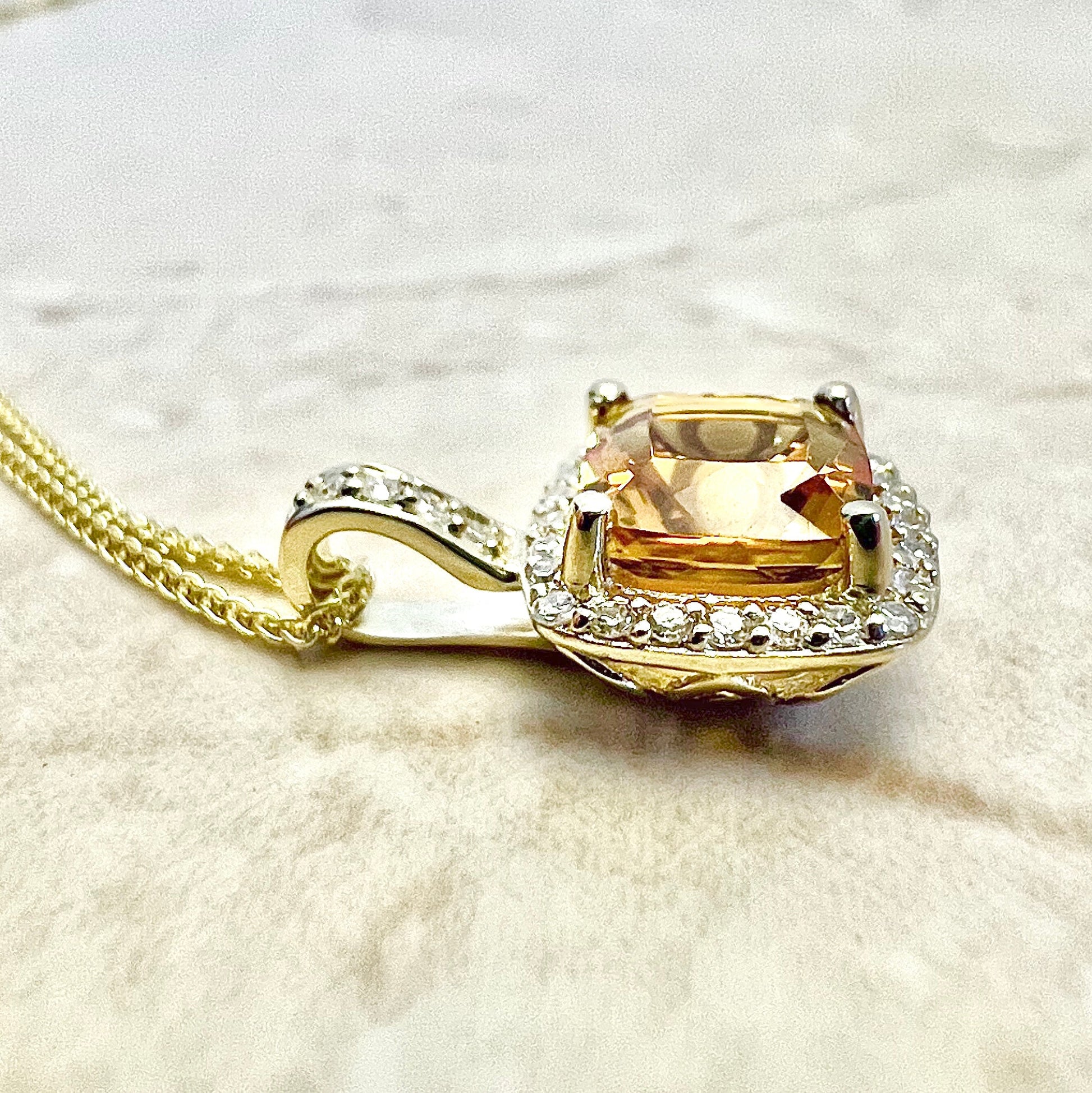 14 Karat Yellow Gold Birthstone Citrine & Diamond Halo Pendant Necklace - WeilJewelry