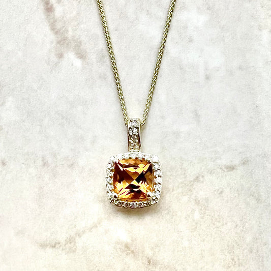 14 Karat Yellow Gold Birthstone Citrine & Diamond Halo Pendant Necklace - WeilJewelry