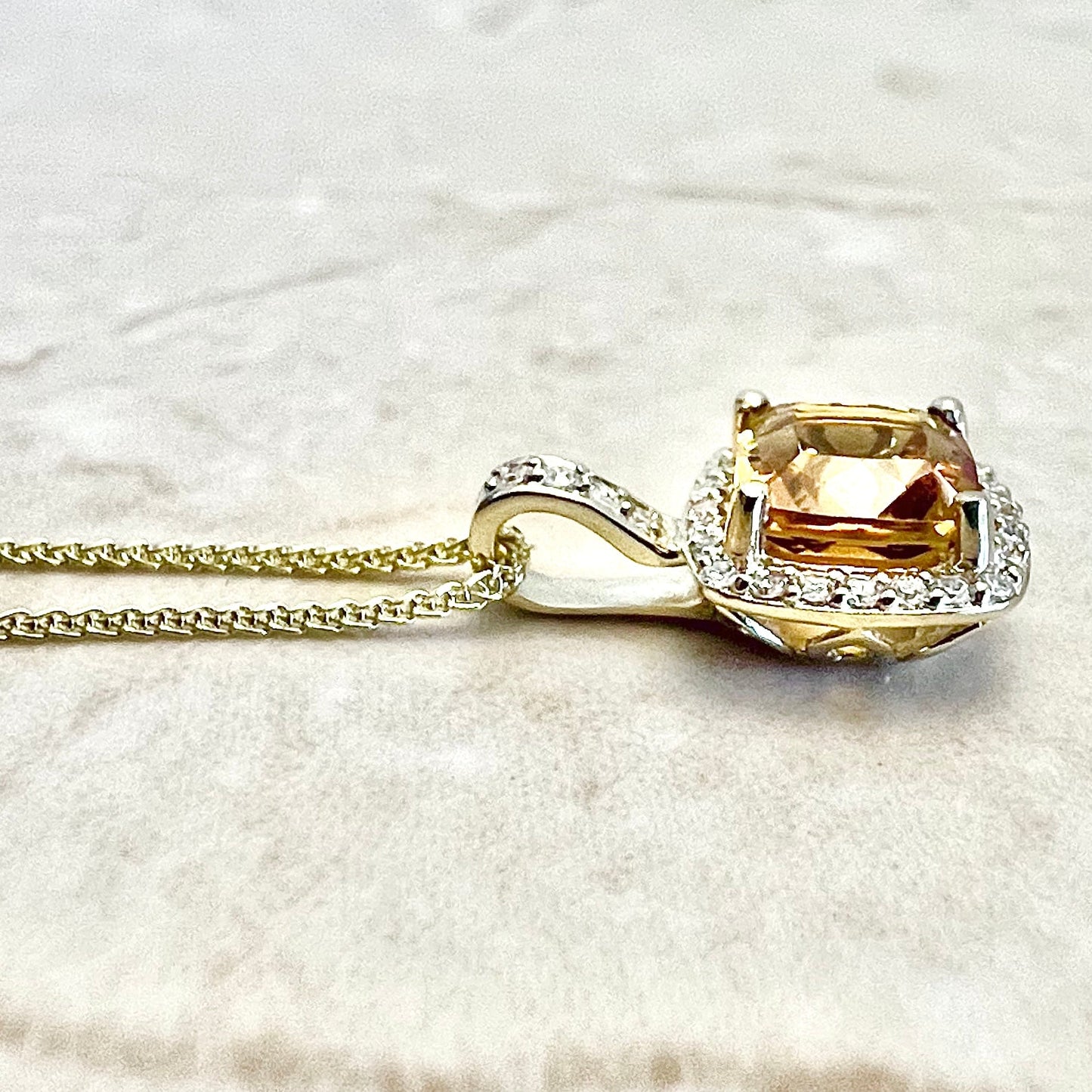 14 Karat Yellow Gold Birthstone Citrine & Diamond Halo Pendant Necklace - WeilJewelry