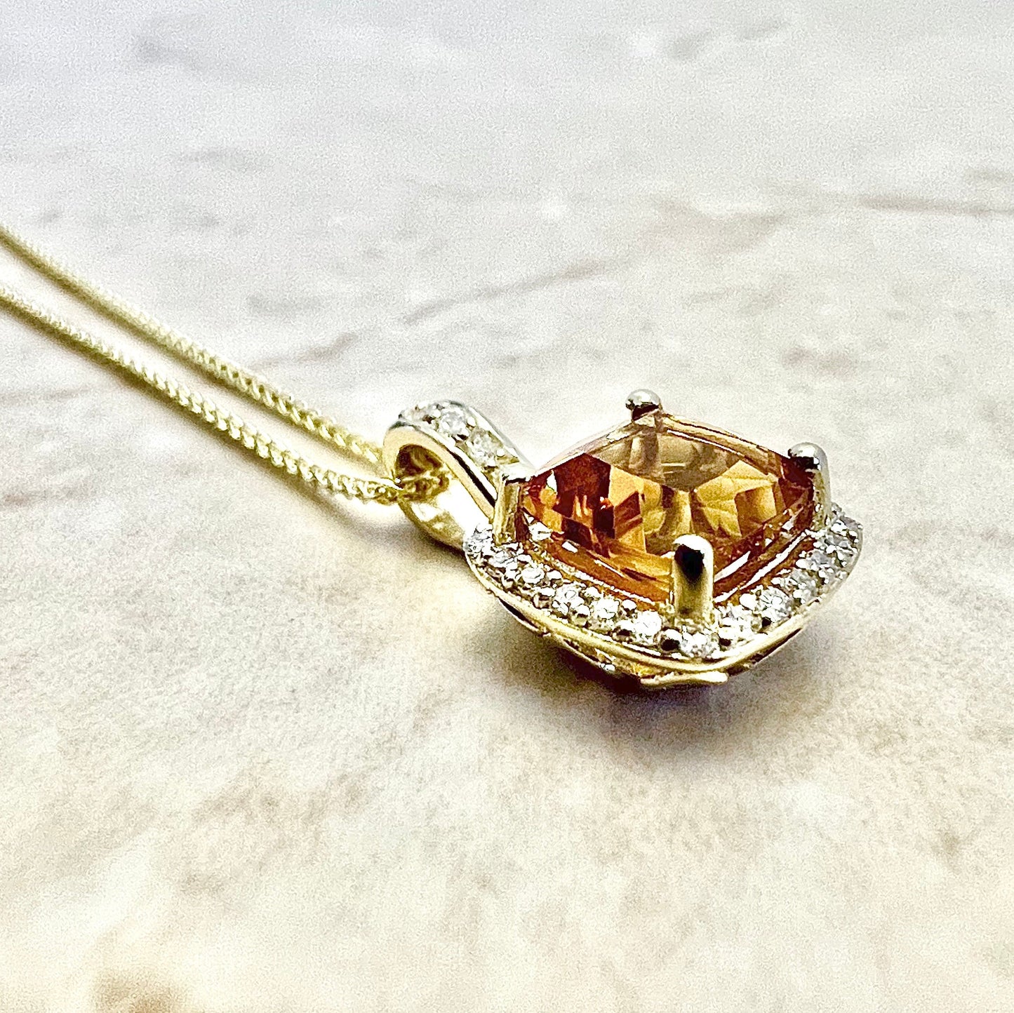 14 Karat Yellow Gold Birthstone Citrine & Diamond Halo Pendant Necklace - WeilJewelry