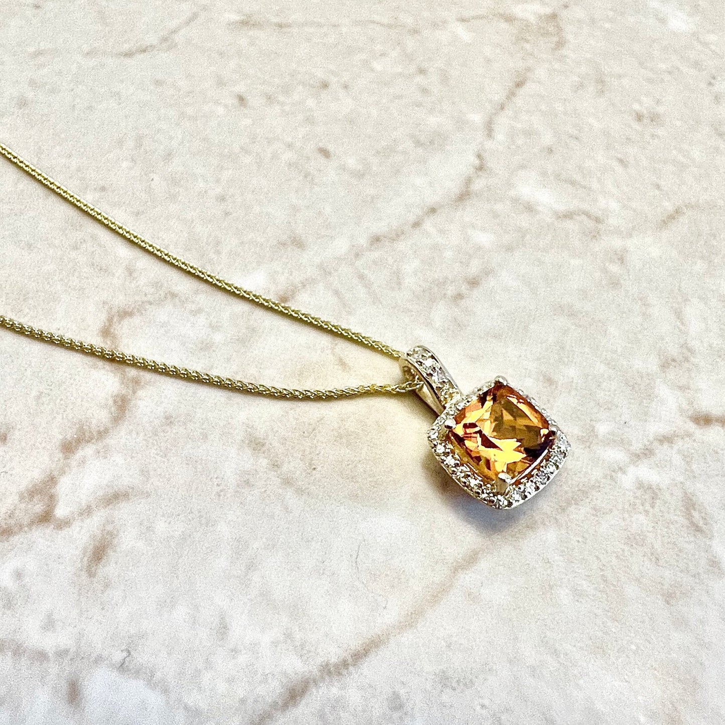 14 Karat Yellow Gold Birthstone Citrine & Diamond Halo Pendant Necklace - WeilJewelry