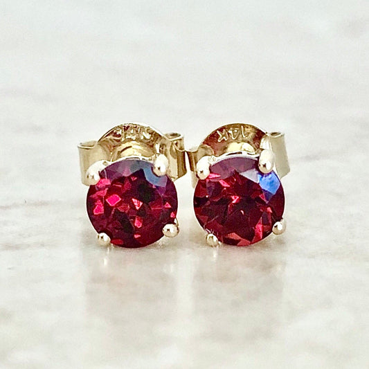 14 Karat Yellow Gold January Birthstone Natural Round Garnet Stud Earrings - WeilJewelry