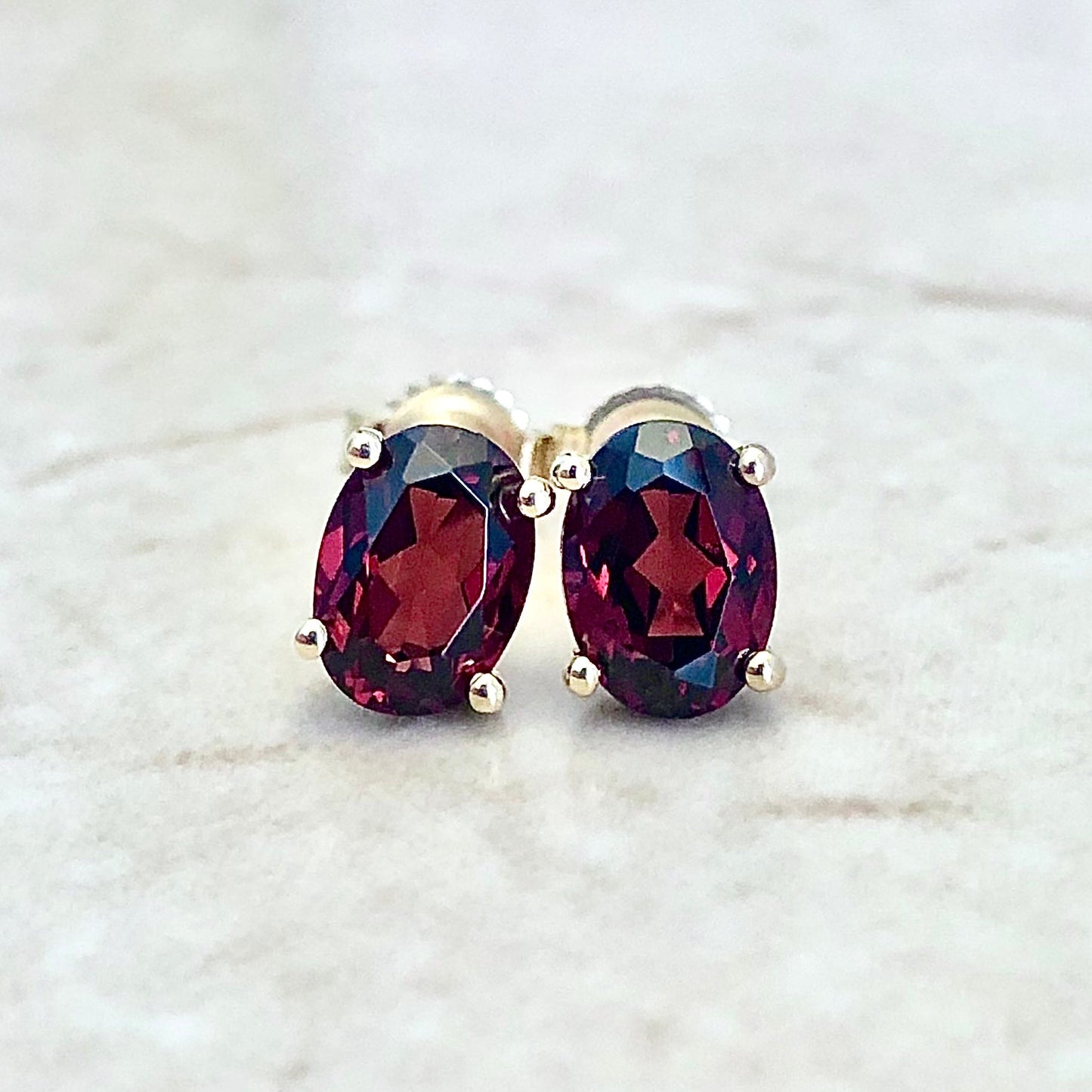 14 Karat Yellow Gold January Birthstone Oval Garnet Stud Earrings - WeilJewelry