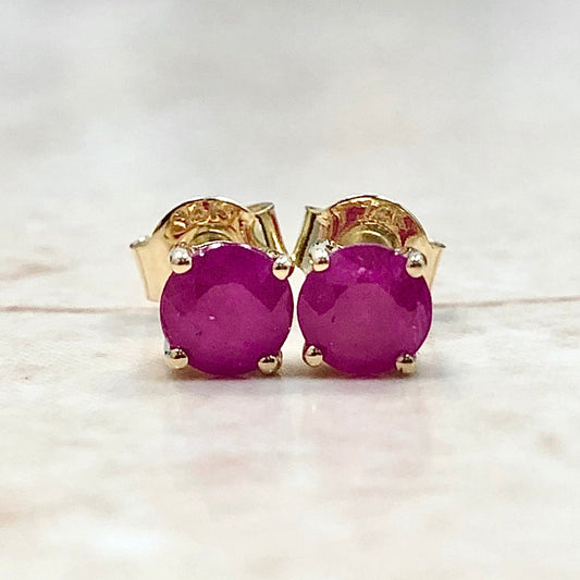 14 Karat Yellow Gold July Birthstone Natural Round Ruby Stud Earrings - WeilJewelry