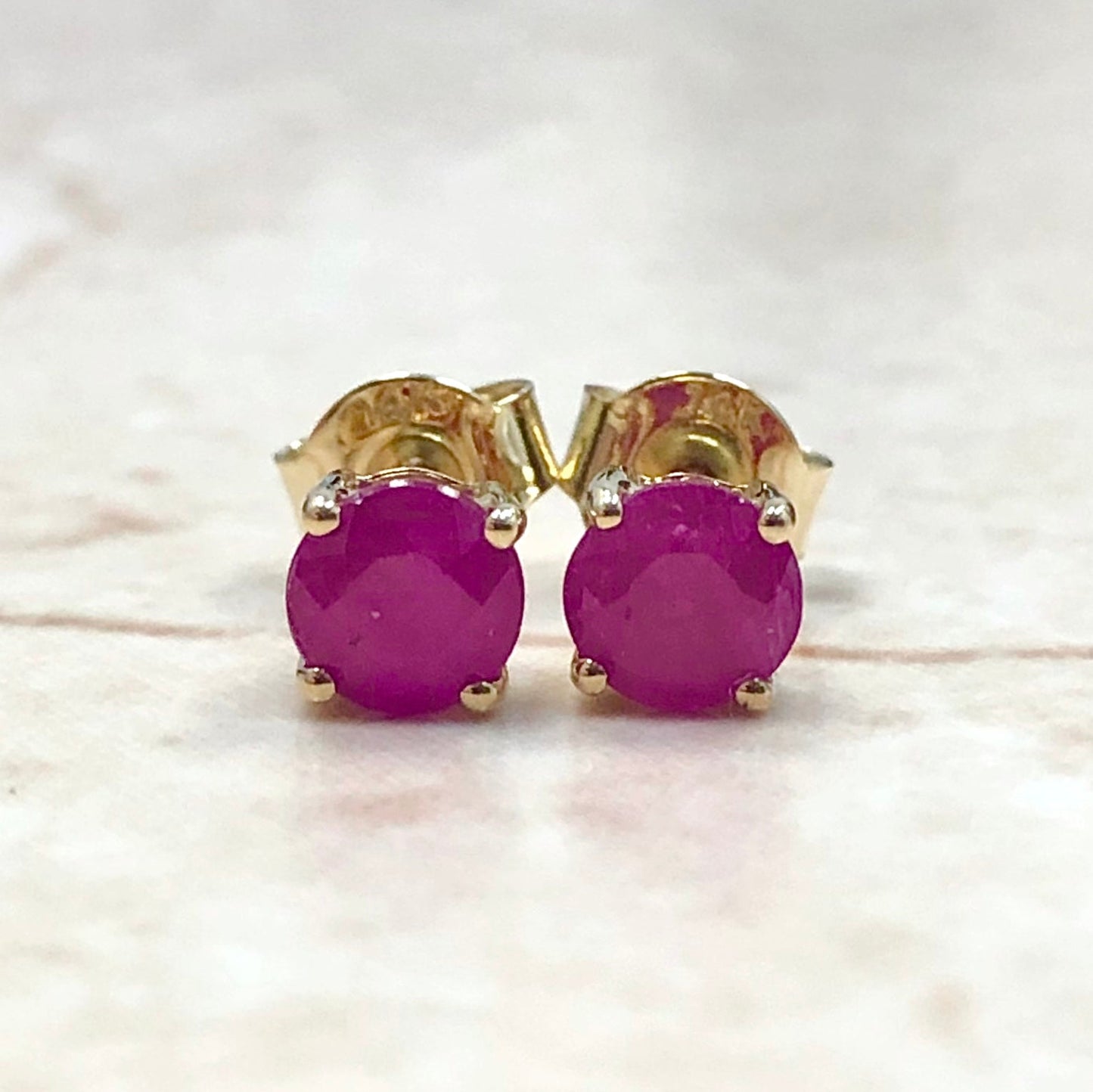 14 Karat Yellow Gold July Birthstone Natural Round Ruby Stud Earrings - WeilJewelry