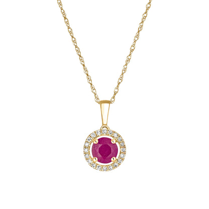 14 Karat Yellow Gold July Birthstone Round Ruby & Diamond Halo Pendant Necklace - WeilJewelry