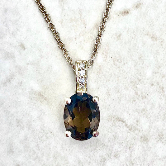 14 Karat Yellow Gold June Birthstone Oval Smoky Quartz & Diamond Pendant Necklace - WeilJewelry