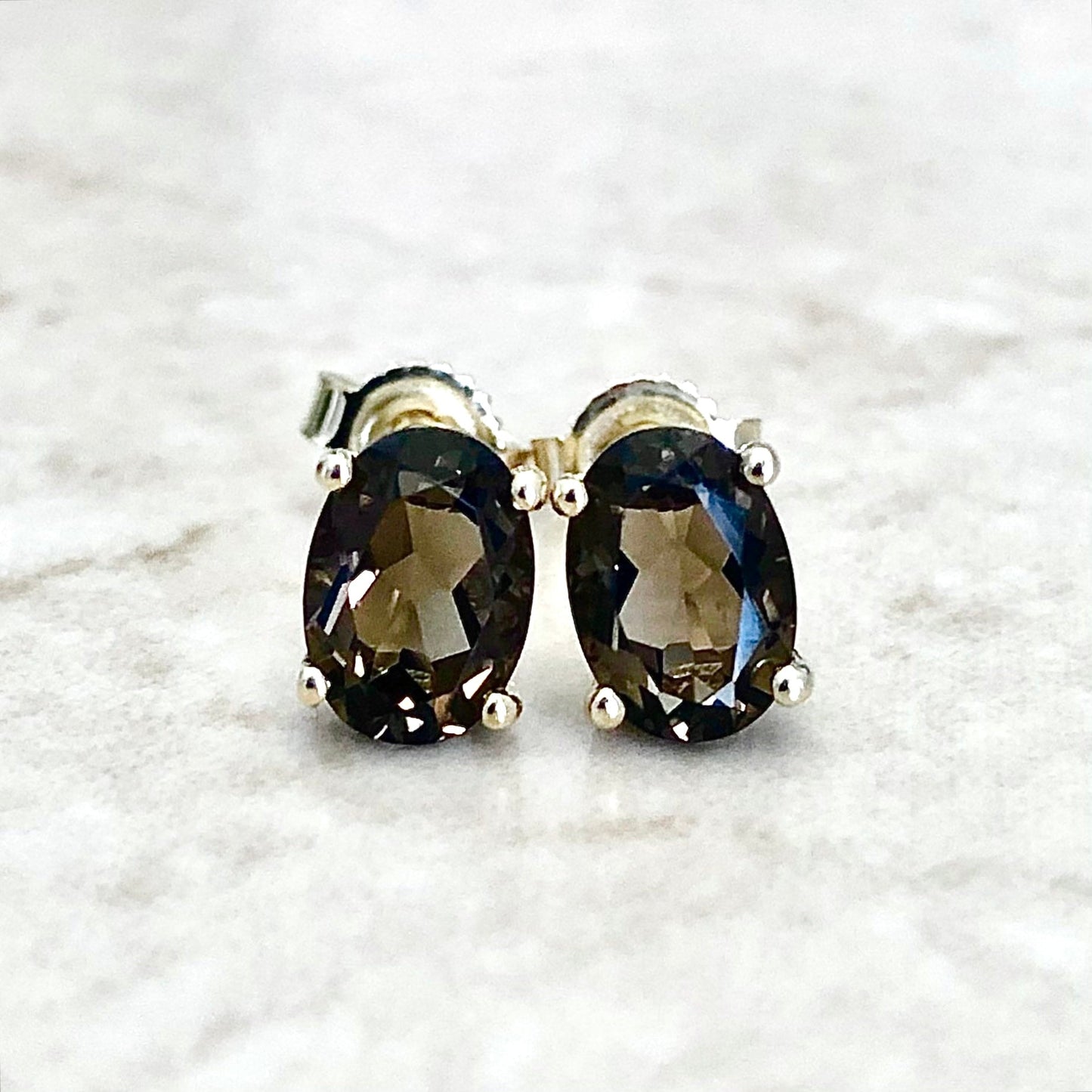 14 Karat Yellow Gold June Birthstone Oval Smoky Quartz Stud Earrings - WeilJewelry