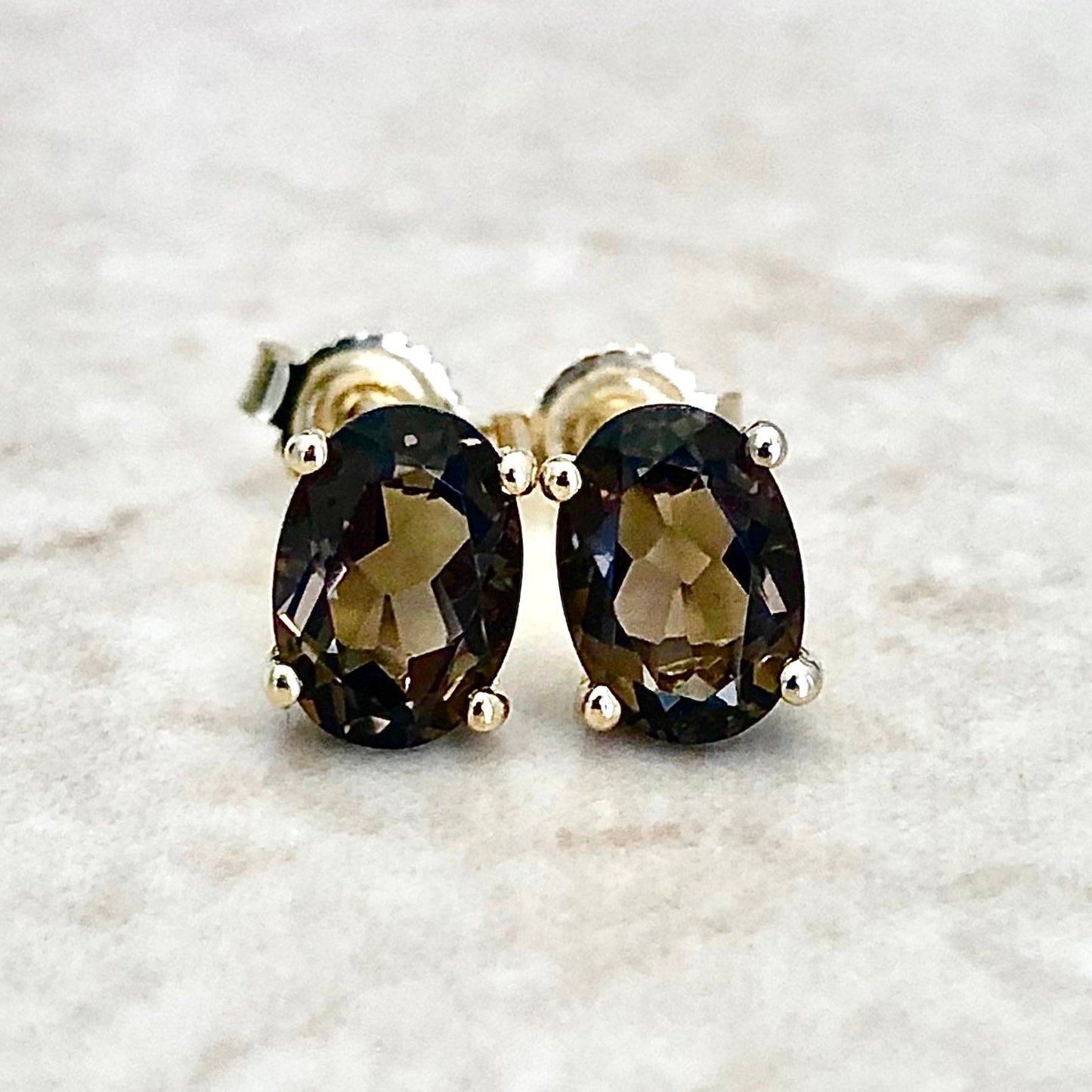 14 Karat Yellow Gold June Birthstone Oval Smoky Quartz Stud Earrings - WeilJewelry