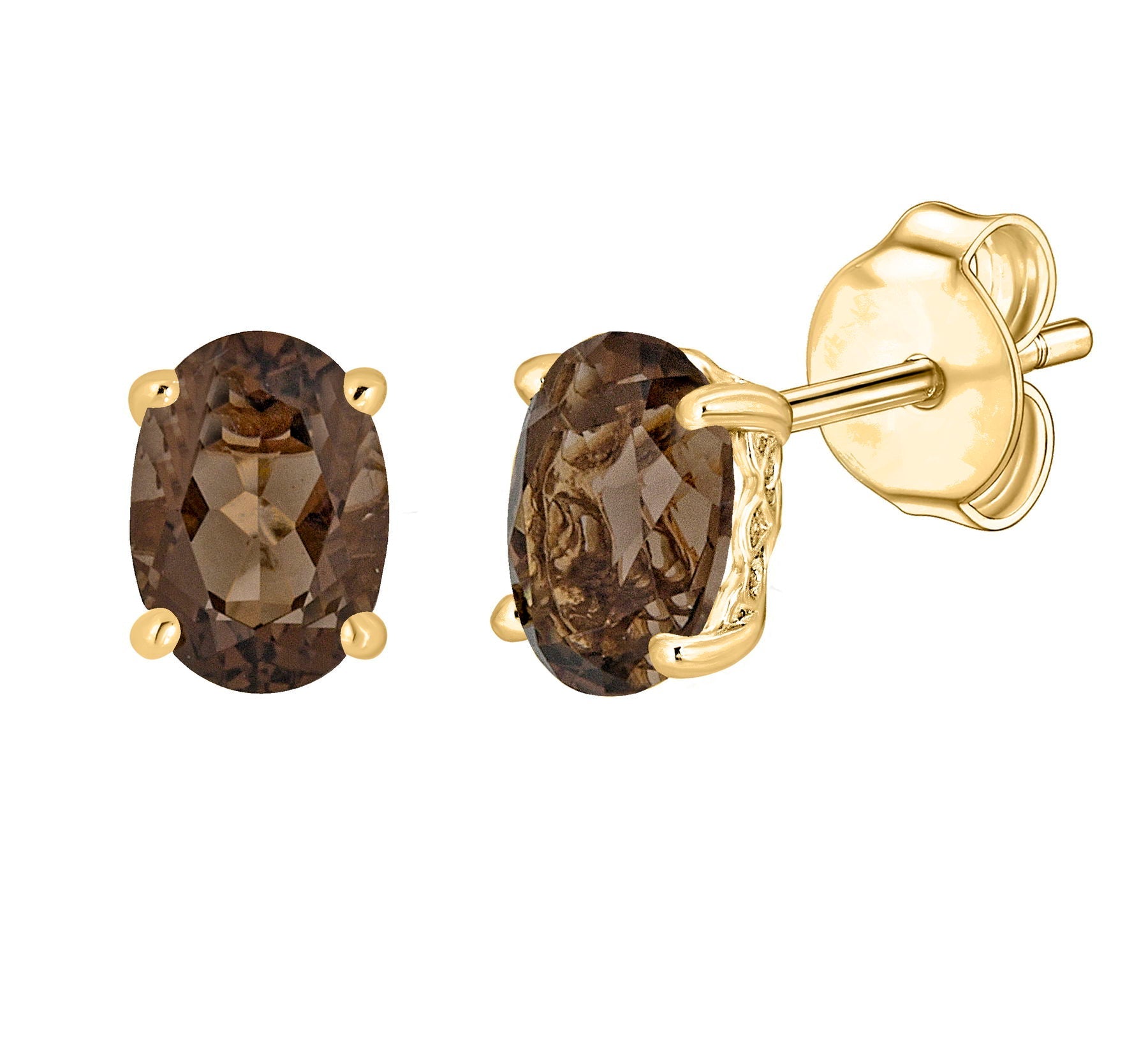 14 Karat Yellow Gold June Birthstone Oval Smoky Quartz Stud Earrings - WeilJewelry
