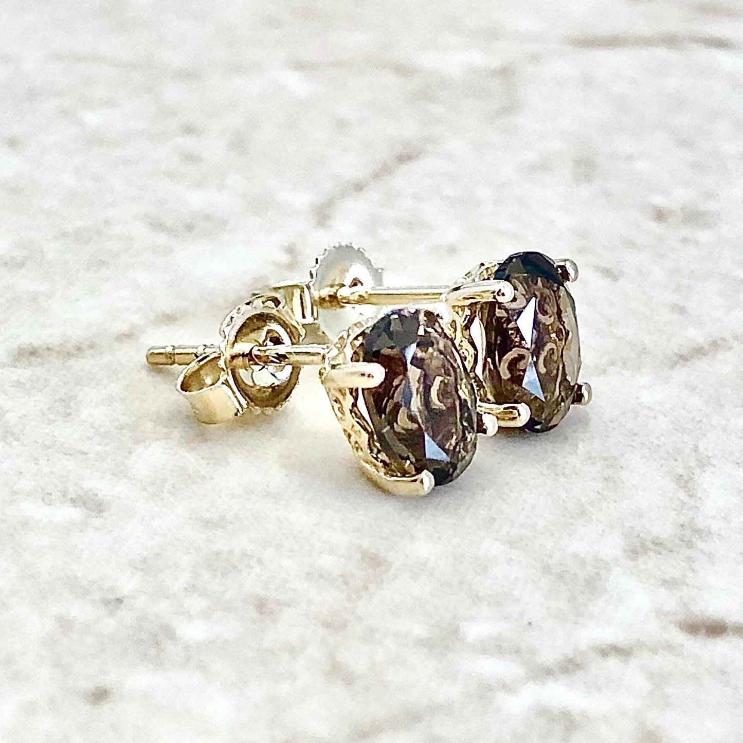 14 Karat Yellow Gold June Birthstone Oval Smoky Quartz Stud Earrings - WeilJewelry