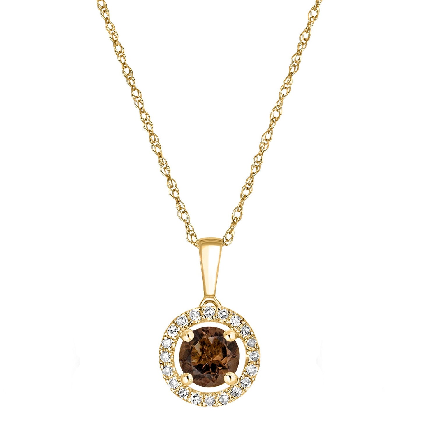 14 Karat Yellow Gold June Birthstone Round Smoky Quartz & Diamond Halo Pendant Necklace - WeilJewelry