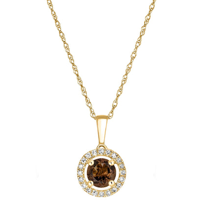 14 Karat Yellow Gold June Birthstone Round Smoky Quartz & Diamond Halo Pendant Necklace - WeilJewelry