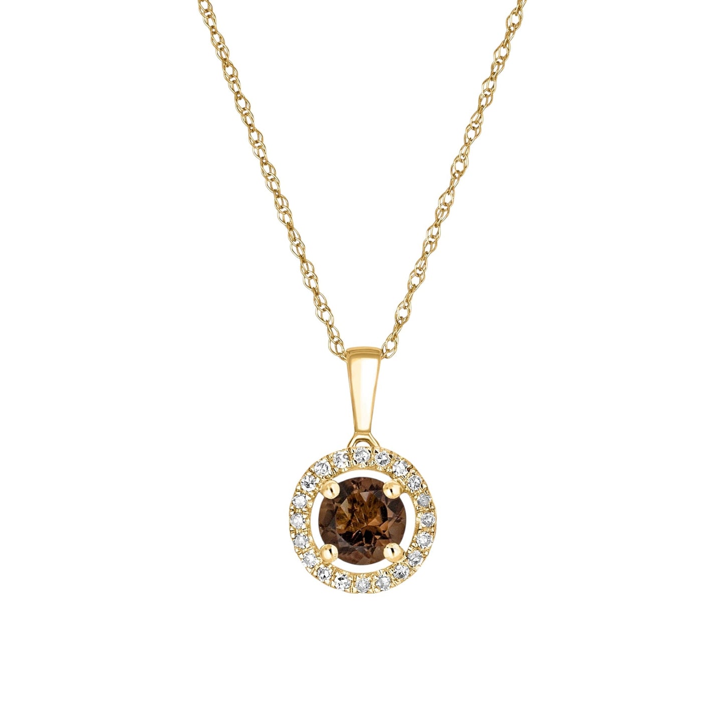 14 Karat Yellow Gold June Birthstone Round Smoky Quartz & Diamond Halo Pendant Necklace - WeilJewelry