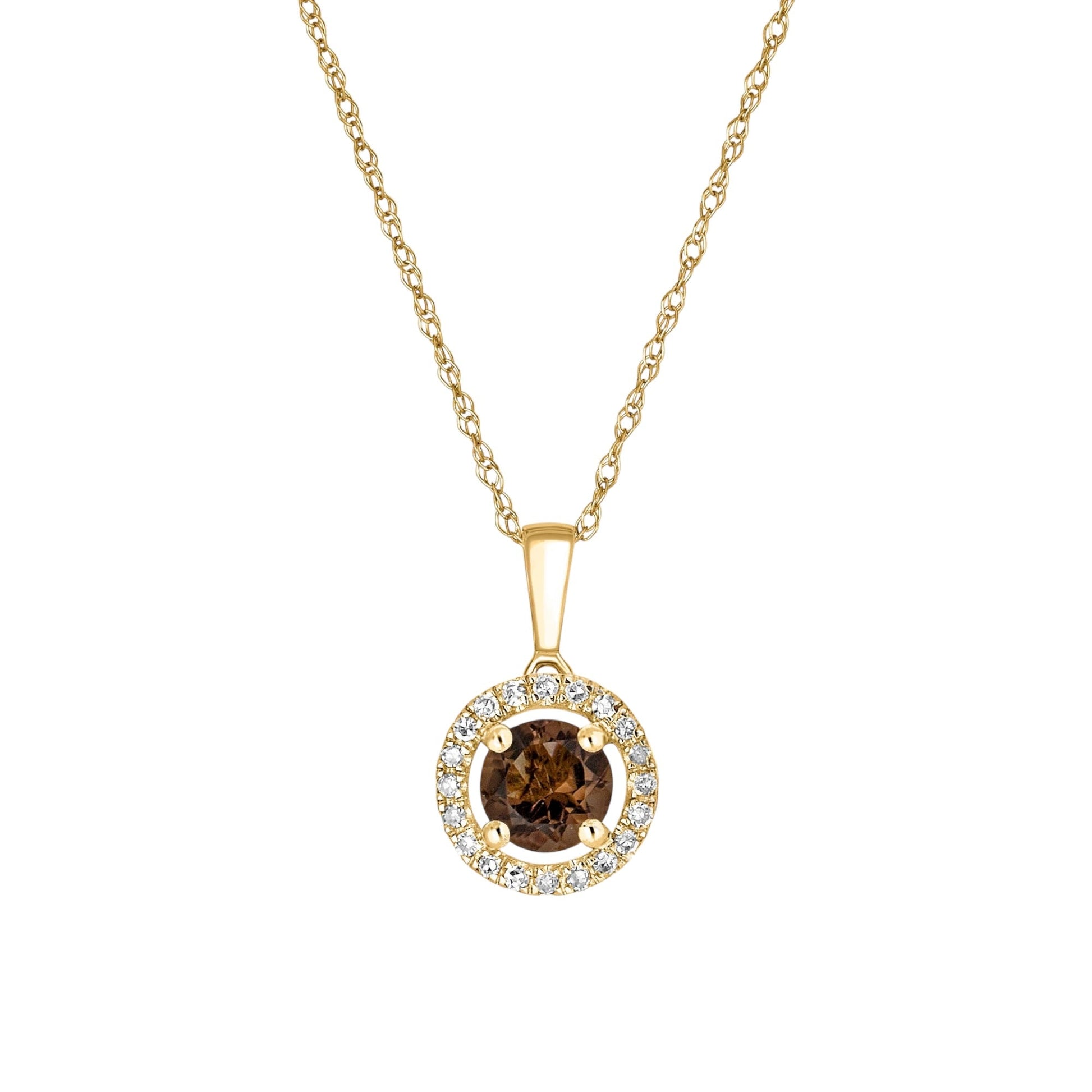 14 Karat Yellow Gold June Birthstone Round Smoky Quartz & Diamond Halo Pendant Necklace - WeilJewelry