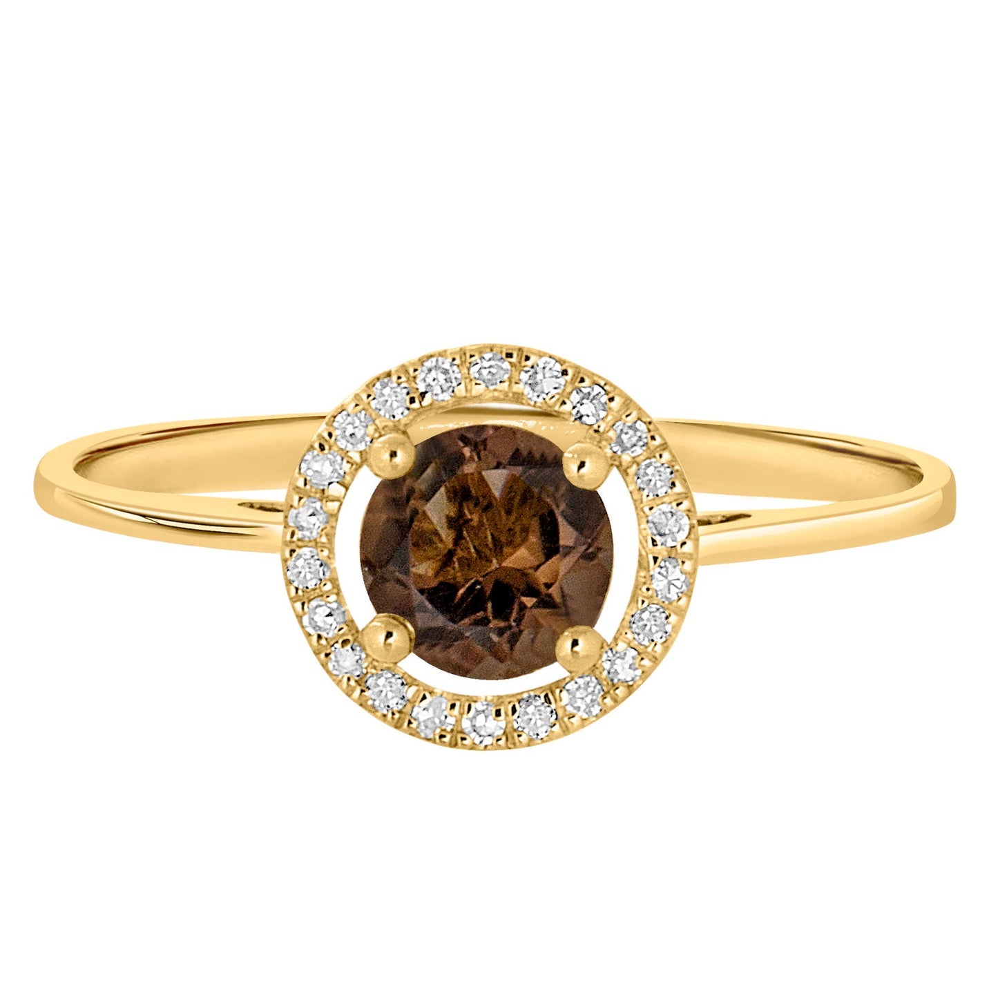 14 Karat Yellow Gold June Birthstone Round Smoky Quartz & Diamond Halo Ring - WeilJewelry