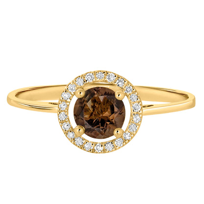 14 Karat Yellow Gold June Birthstone Round Smoky Quartz & Diamond Halo Ring - WeilJewelry