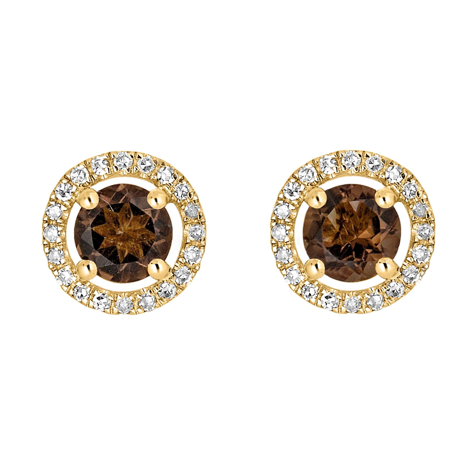 14 Karat Yellow Gold June Birthstone Round Smoky Quartz & Diamond Halo Stud Earrings - WeilJewelry