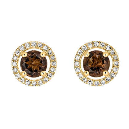 14 Karat Yellow Gold June Birthstone Round Smoky Quartz & Diamond Halo Stud Earrings - WeilJewelry