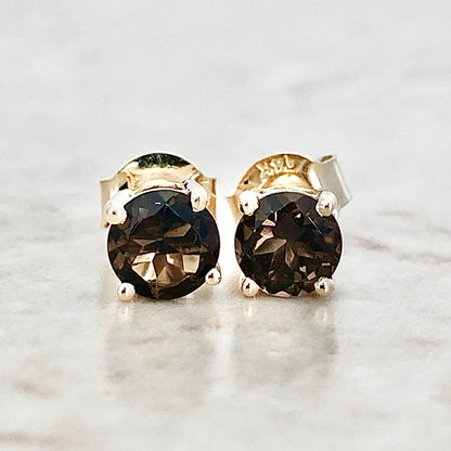 14 Karat Yellow Gold June Birthstone Round Smoky Quartz Stud Earrings - WeilJewelry