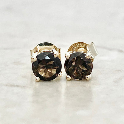 14 Karat Yellow Gold June Birthstone Round Smoky Quartz Stud Earrings - WeilJewelry