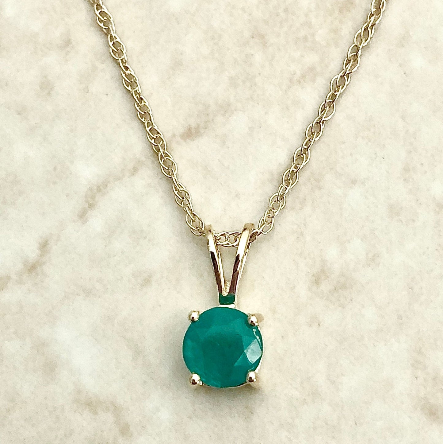 14 Karat Yellow Gold May Birthstone Natural Round Emerald Solitaire Pendant Necklace - WeilJewelry