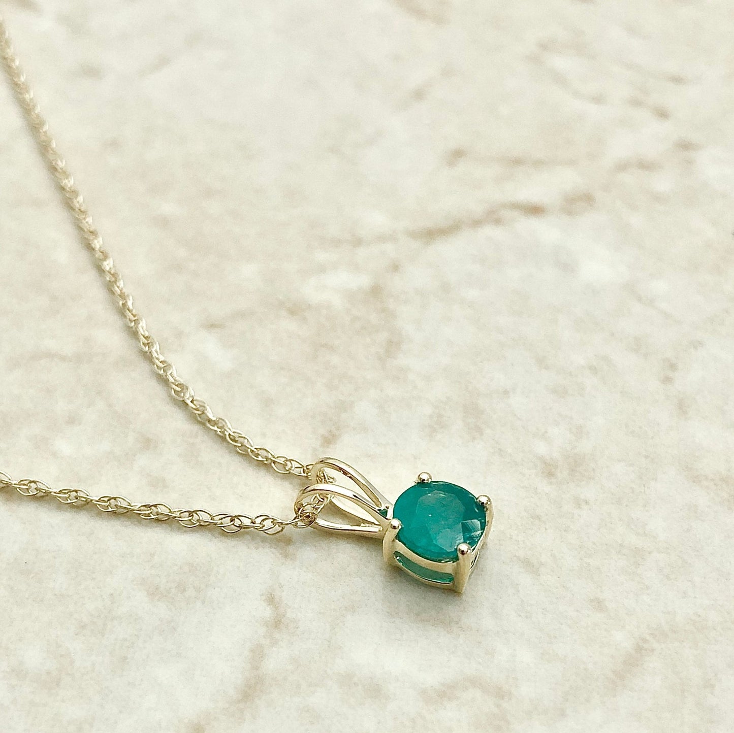 14 Karat Yellow Gold May Birthstone Natural Round Emerald Solitaire Pendant Necklace - WeilJewelry