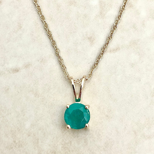 14 Karat Yellow Gold May Birthstone Natural Round Emerald Solitaire Pendant Necklace - WeilJewelry